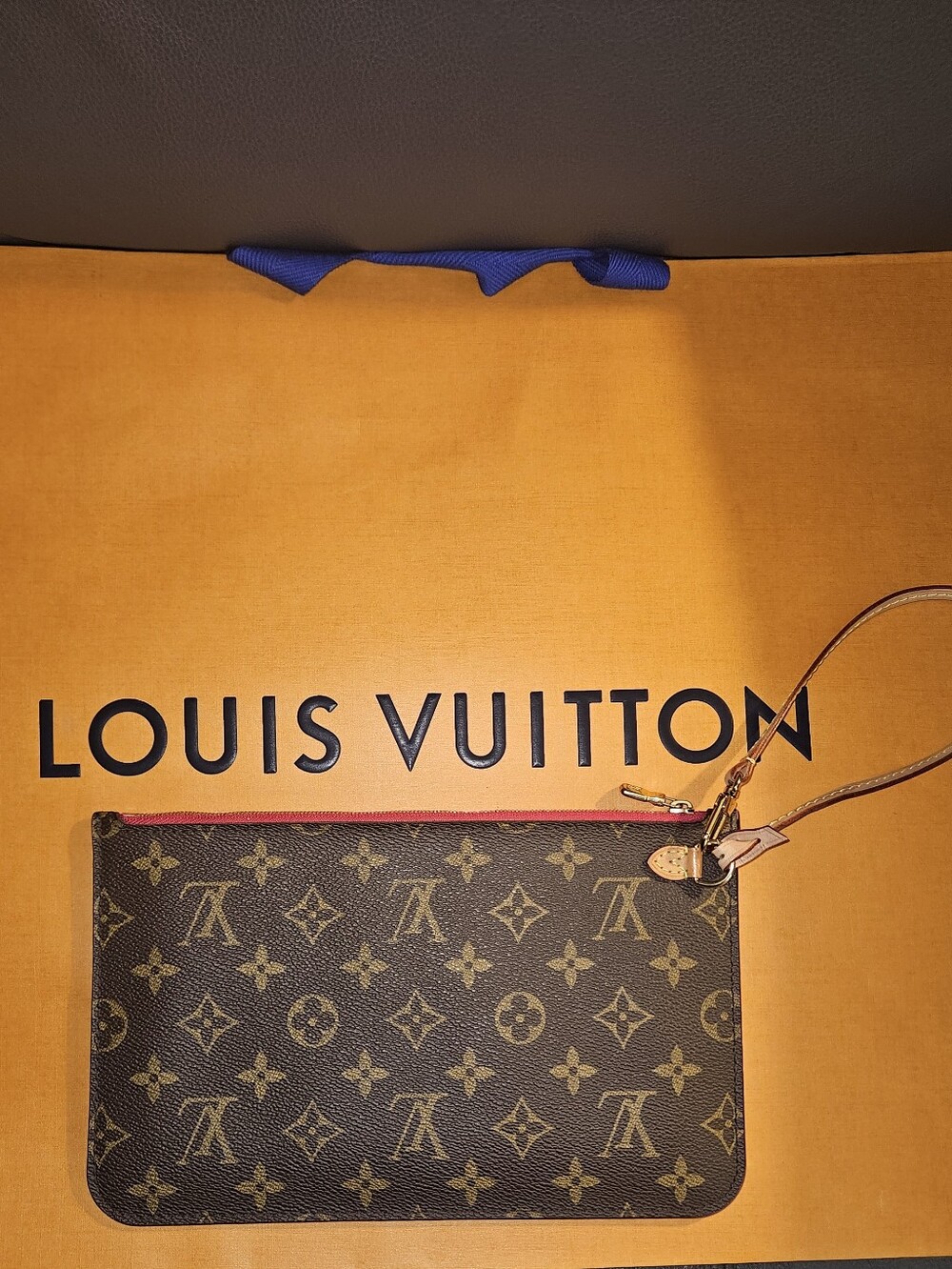 Louis Vuitton Monogram Zip Pouch in Brown with Red Trim
